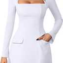 DAAWENXI Women's Long Sleeve Mini Dress Square Neck Halter A Line Party Club Short Dresses with Pocket (White, S)
