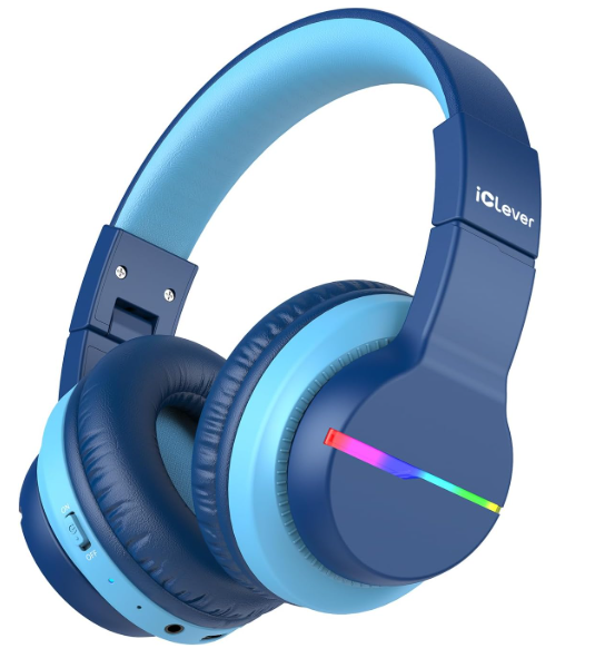 iClever BTH12 Kids Bluetooth Headphones,Colorful LED Lights Kids Headphones Wireless,74/85dBA Safe Volume,85H Playtime,Fast Charging,Bluetooth 5.2,Over Ear,Built-in Mic for iPad/Tablet/Airplane,Blue