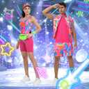 80s Womens Workout Costume,Adult 80s Outfit, Swimwear Suit for Halloween Cosplay, Couples Costume Set (Pink, XL)