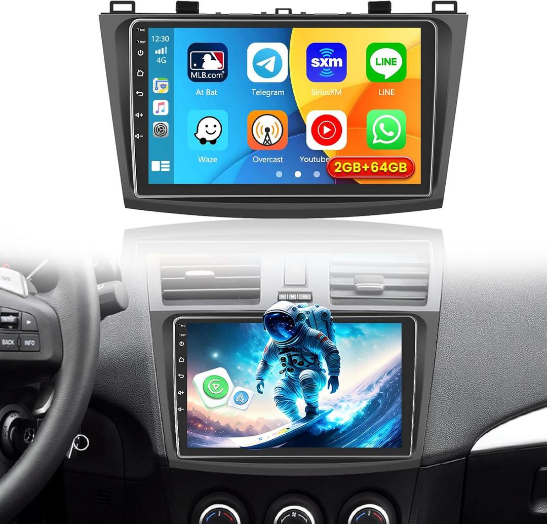 Car Radio for Mazda 3 2009 2010 2011 2012 2013, [2G+64G] 9 inch Android 15 Touch Screen Stereo, CarPlay/Android Auto/GPS/1080P/SWC/Bluetooth/WiFi + AHD Backup Camera MIC