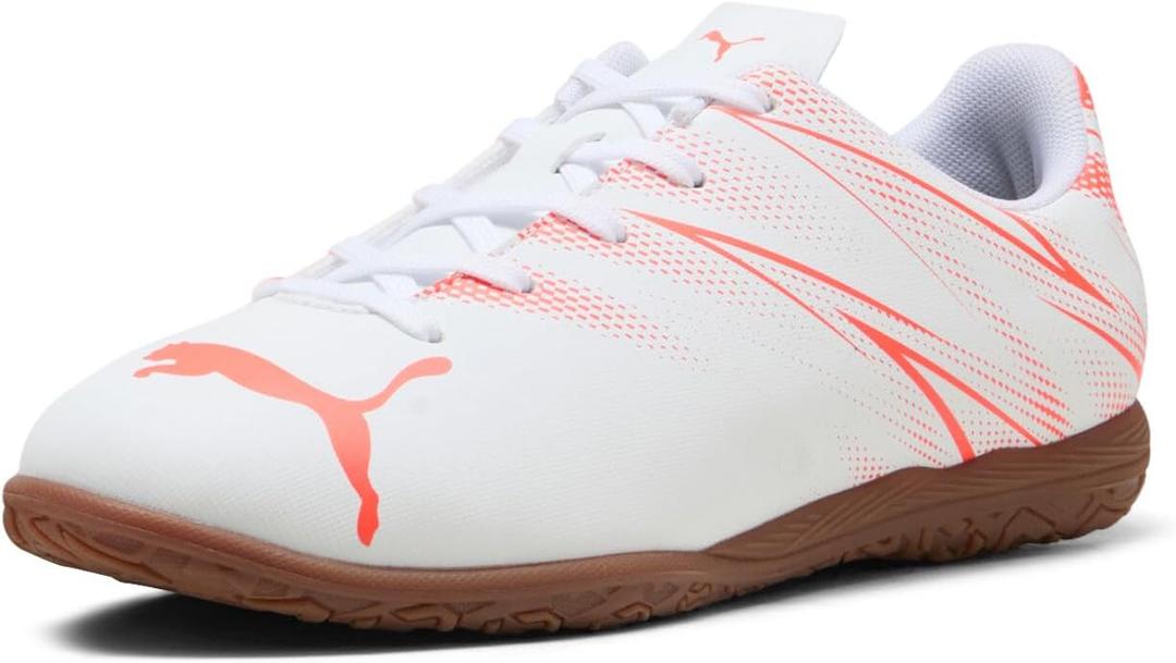 PUMA Unisex-Child Attacanto Indoor Training Soccer Shoes Sneaker (2.5 Big Kid, Puma White-glowing Red)