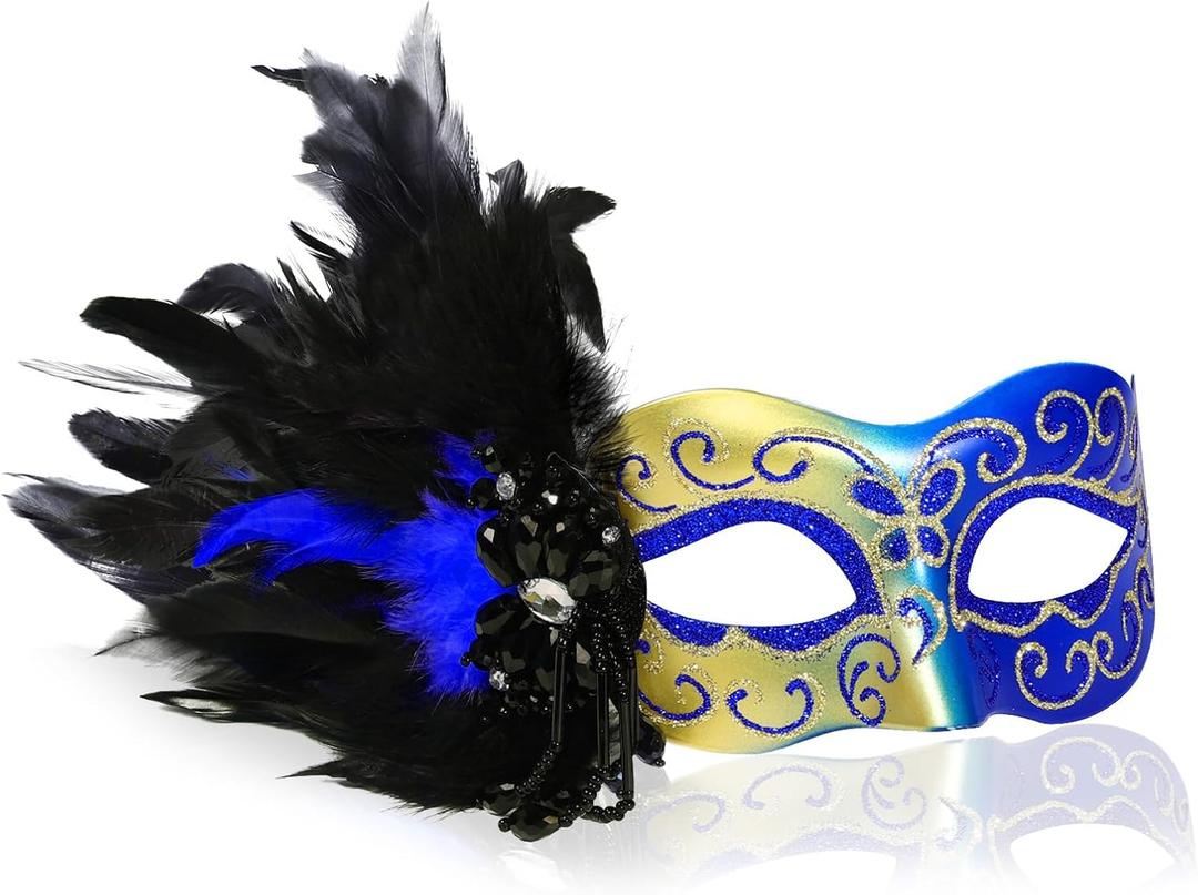 Masquerade Mask for Women Venetian Party Mask Costume Mask with Feathers for Cosplay, Halloween Prom Ball Decor (Blue)