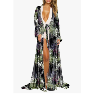 Pink Queen Women's Long Sleeve Flowy Maxi Swimsuit Tie Front Robe Cover Up M