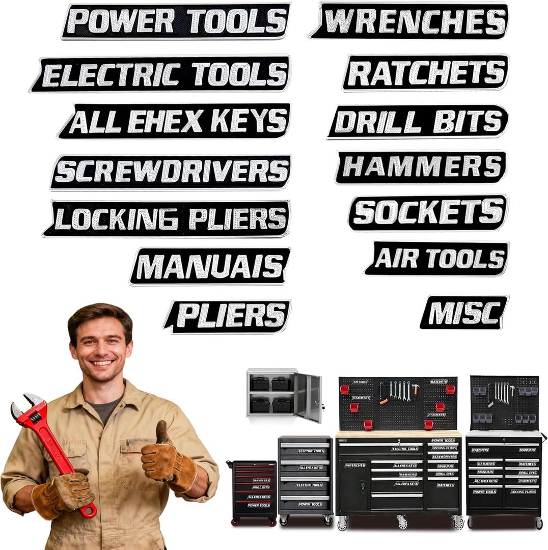 14 Pack of Magnetic Tool Box Labels  Reusable 3D Heavy Duty Magnetic Toolbox Labels for Garage, Tool Box Magnetic Labels for Trolleys, Toolboxes and Drawer Cabinets (Black)