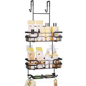 SWTYMIKI Over the Door Shower Caddy Hanging with Double Soap Holder, Hanging Shower Organizer with 16 Hooks, No Drilling Shower Shelves Over Door, Bathroom Rack and Storage, Black