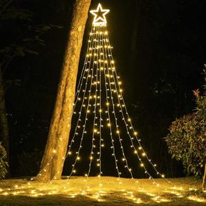 Christmas Decoration Lights, Outdoor String Lights 320 LED 11.5 Ft Waterfall Tree Light with Big Star Topper 8 Light Modes for Christmas New Year Holiday Garden Yard Indoor Outdoor Decor (Plastic-Warm white)