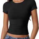QINSEN Short Sleeve Shirts for Women Round Neck Basic Double Lined Tees Fitted Y2k Crop Tops (Medium, Black)