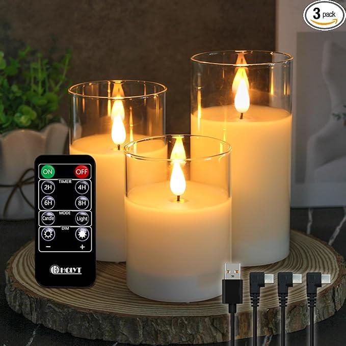 Rechargeable Flameless Glass Pillar Candles–Valentines Day Gifts for Women–Set of 3, Realistic Flickering LED Light,Remote & Timer, Ideal for Living Room, Bedroom & Valentines Day Décor