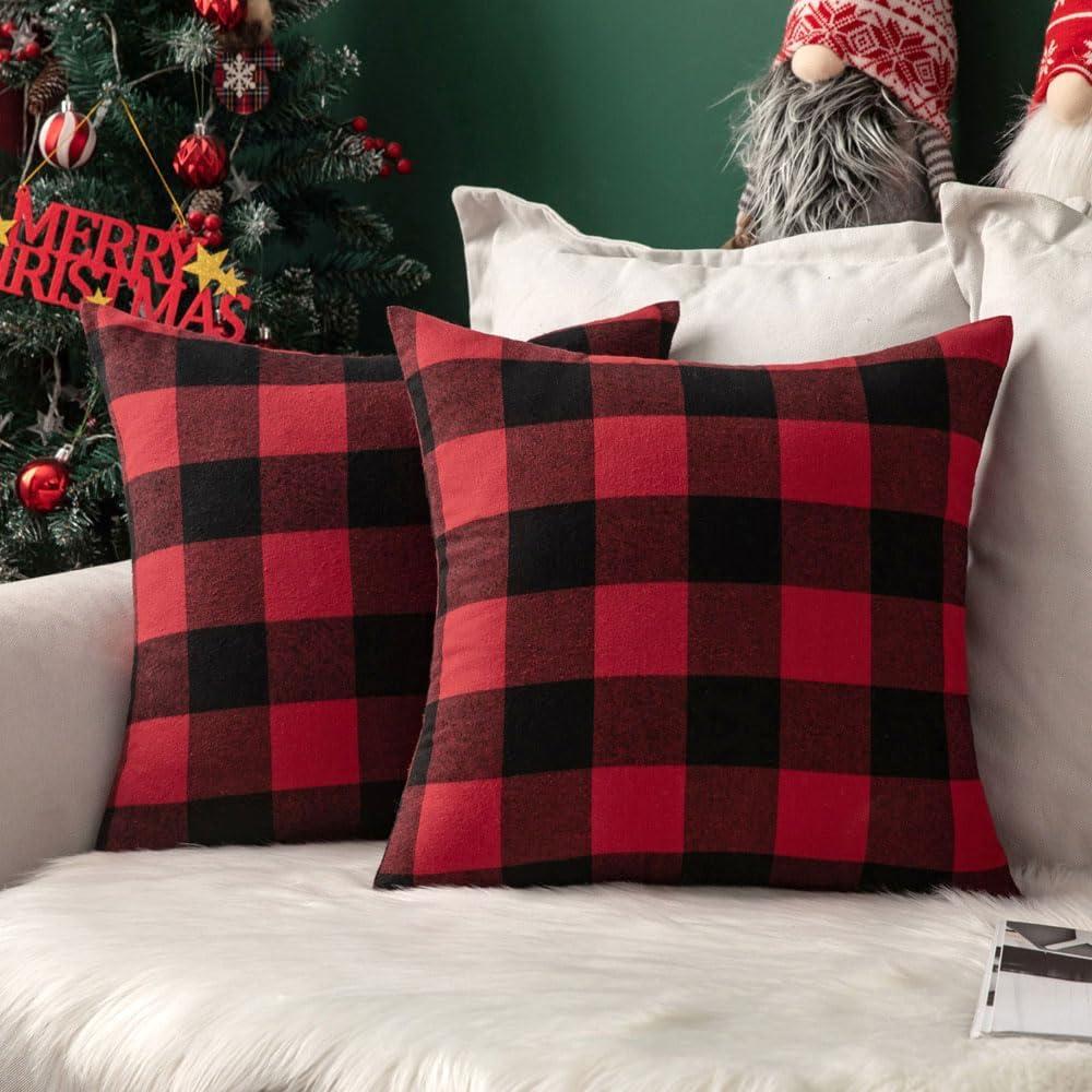 MIULEE Pack of 2 Christmas Classic Farmhouse Buffalo Check Plaids Polyester Linen Soft Soild Decorative Porch Throw Pillow Covers Home Decor Cushion Case for Sofa Bedroom 18x18 Inch, Black and Red