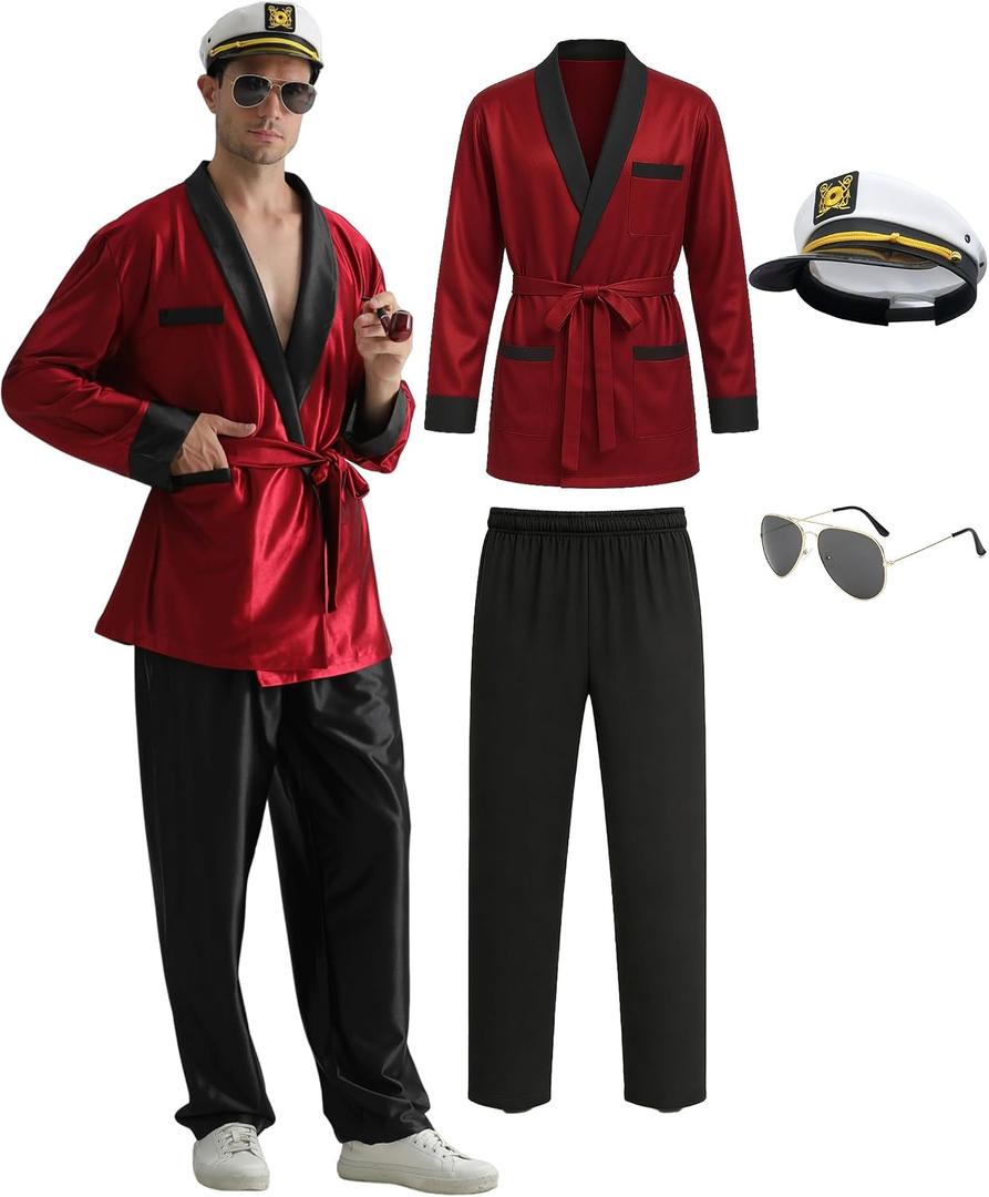 5PCS Red Silk Robe & Black Pants Set with Captain Hat & Glasses Halloween Costume Accessories for Adults, M