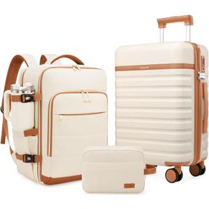 UKEIN Luggage Sets 3 Piece, Carry On Luggage 20In With Spinner Wheels,PC Hardside Suitcase Set with TSA Lock,Durable Carry On Suitcase With Travel Backpack for Men (Cream, 3 piece set (BP/20inch))