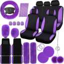 Woanger 47 Car Seat Cover Full Set for Women Included Car Front Rear Seat Fluffy Steering Wheel Cover Belt Automotive Floor Mats Air Conditioner Decoration Strip Universal(Purple Black)
