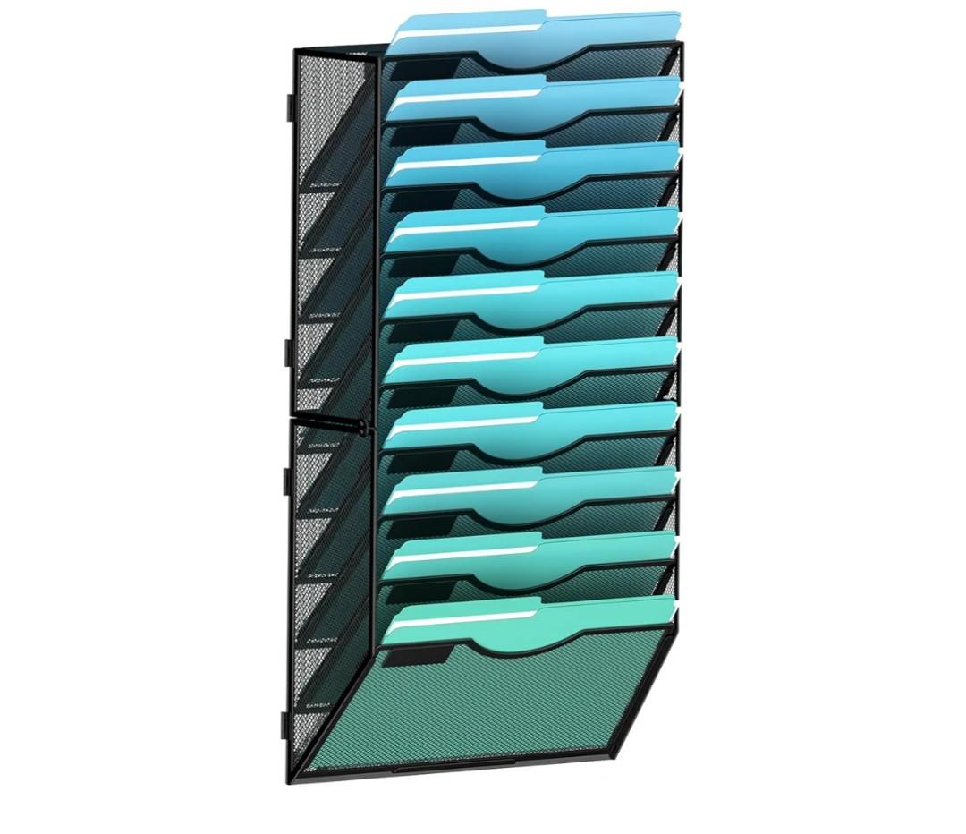 10-Tier Wall File Organizer Hanging Wall File Holder Wall Mount Paper Folder Organize, Mesh Magazine Document Mail Organizer Wall Organizer for Office School Home, Black