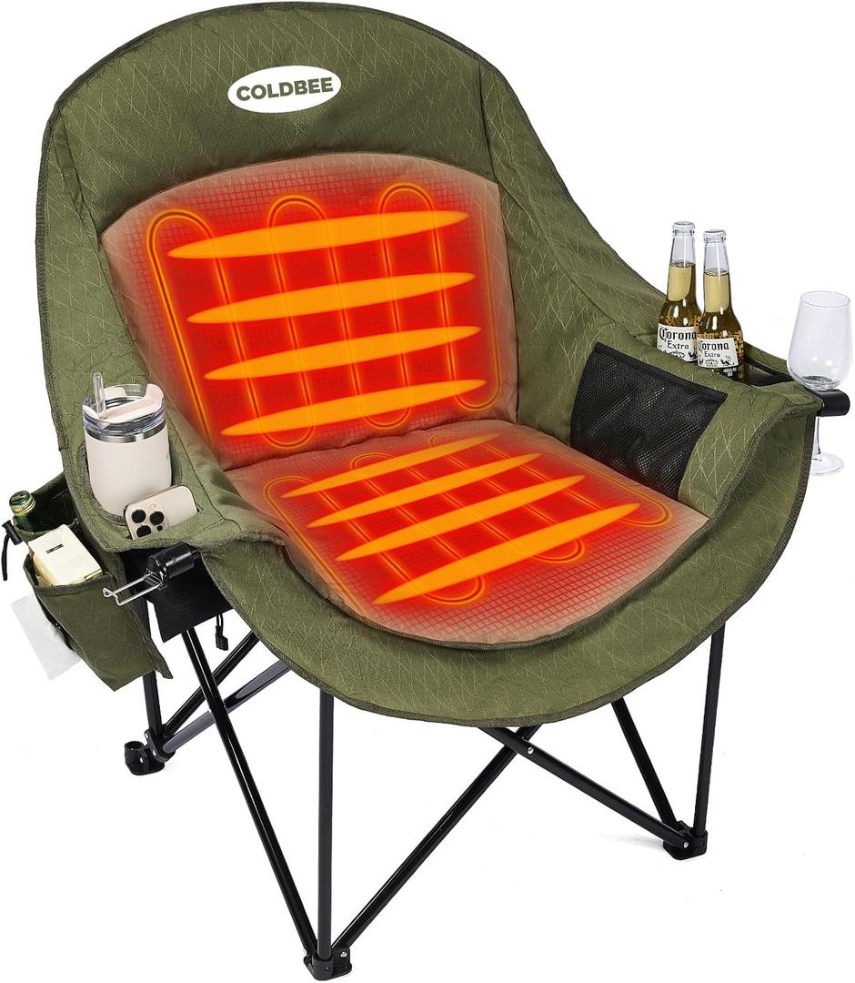 Heated Oversized Camping Chair, Heavy Duty Padded, Thick Headrest, Green, Single