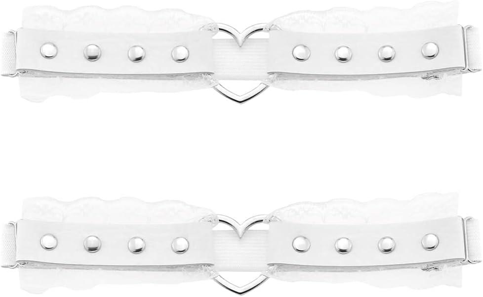 Women Girl Leather Heart Garters Leg Ring Belt Punk Studded Lace Elastic Thigh Ring Garters Adjustable (One Size, White)