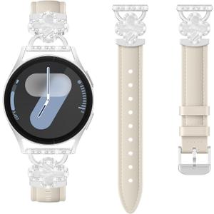 Leather Band for Samsung Galaxy Watch 7/6/5/4/ FE Band 40mm 44mm Women, Bling Leaf Clover Slim Watch Band Replacement Strap for Galaxy Watch 4/6 Classic/5 Pro/Active 2