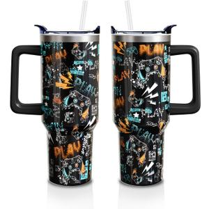 Gamer Lover Gift 40oz Tumbler with Handle and Lid Straw, Stainless Steel Double Walled Vacuum Insulated Cup, Gaming Gifts for Men Boys, Gamepad Water Bottle for Teen Boy 1PC