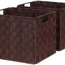BinWhiz 2-Pack Collapsible Ribbon Woven Storage Bins with Metal Structure, Shelf Basket, Pantry Organizer, Home Decorative Utility Container (12 x 10 x 10 in, Brown)