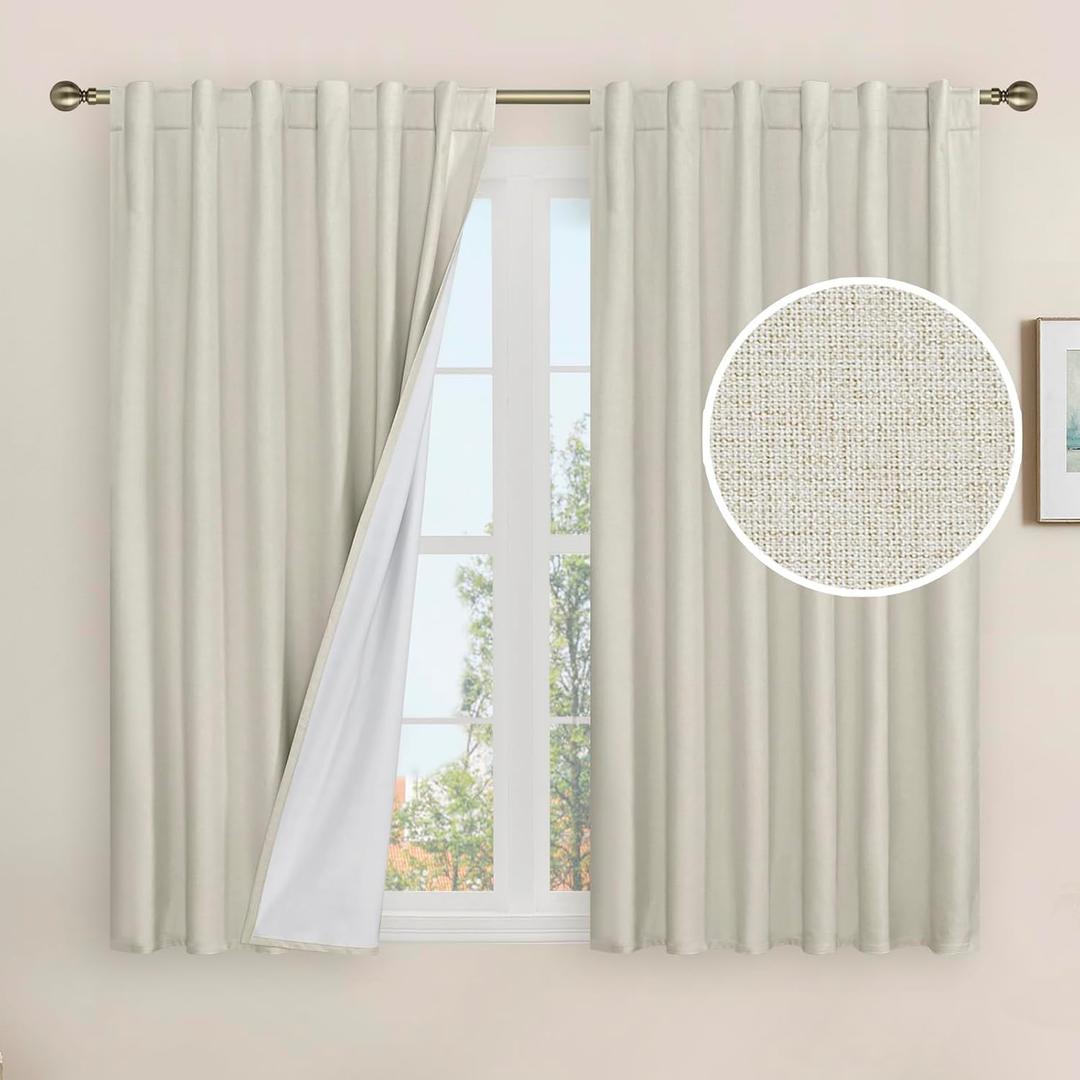 LAMIT Full Blackout Window Linen Curtains for Bedroom, 54 Inches Thermal Window Curtains Back Tab and Rod Pocket Privacy Protected Burlap Panels with White Liner, 2 Panels, 52 x 54 Inch, Stone