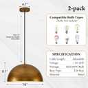 16" Dome Gold Pendant Light, Farmhouse Pendant Lights for Kitchen Island, Modern Adjustable Hanging Lamp for Dining Room Living Room Hallway Cafe Bar 2 Pack