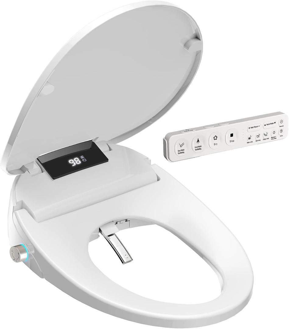 Bidet Toilet Seat with Warm Water Wash, Air Dryer, Heated Seat, Remote Control, LED Display, Self-Cleaning Nozzle, Night Light & Multiple Cleaning Modes (Round)