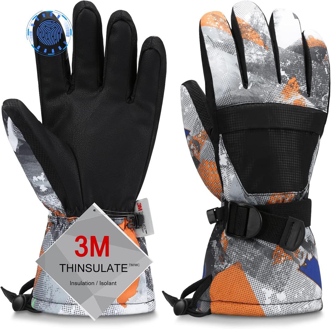 Ski Gloves, Waterproof and Breathable Snow Gloves for Cold Weather, Men & Women Boys and Girls (S(Fit Kids 8-10 Years), Black+orange)