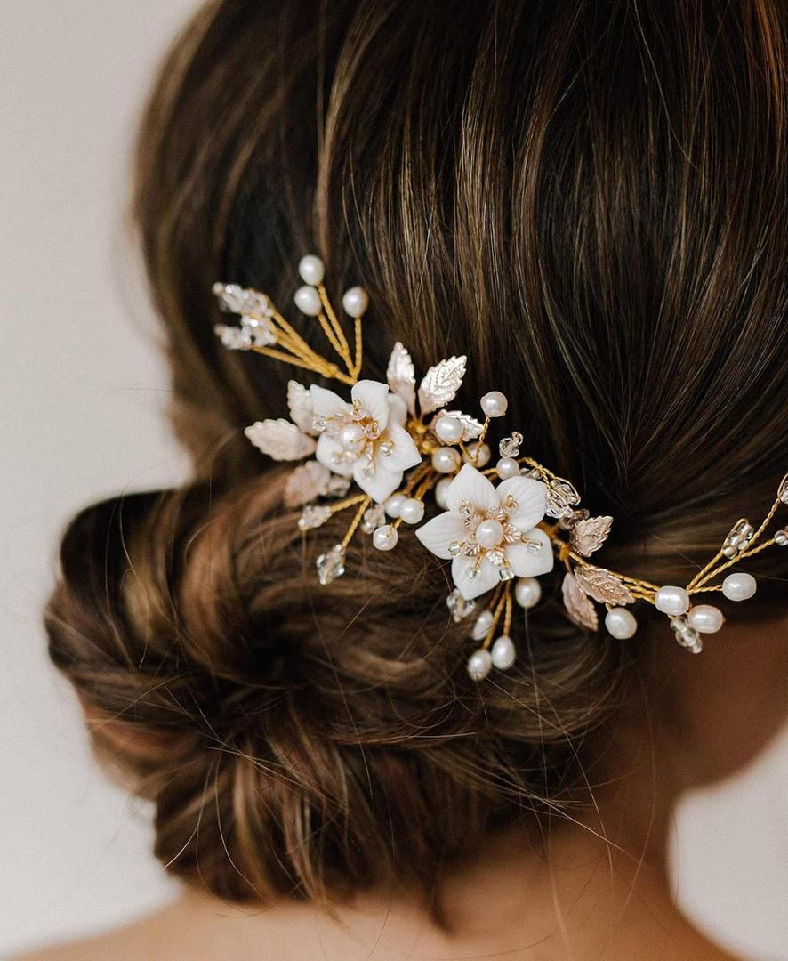 SWEETV Wedding Hair Comb for Bridal Hair Accessories, Handmade Flower Bridal Hair Clip Hair Pieces, Gold, 5.12 *2.75 inches, 1 Count (Pack of 1)