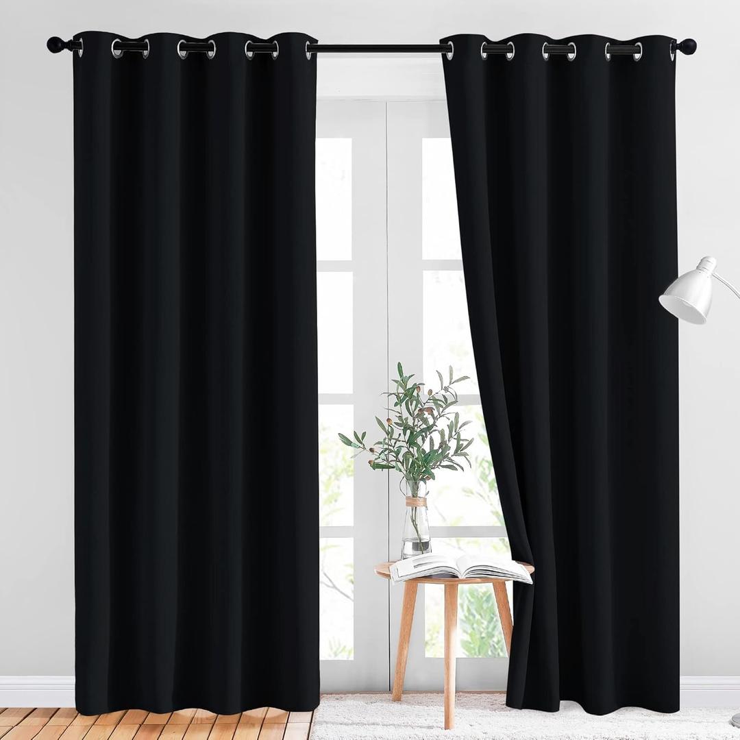 NICETOWN Black Blackout Curtains for Bedroom 84 inches Long - Light Reducing Thermal Insulated Solid Grommet Curtains/Panels/Drapes for Living Room (Set of 2, W52 x L84)