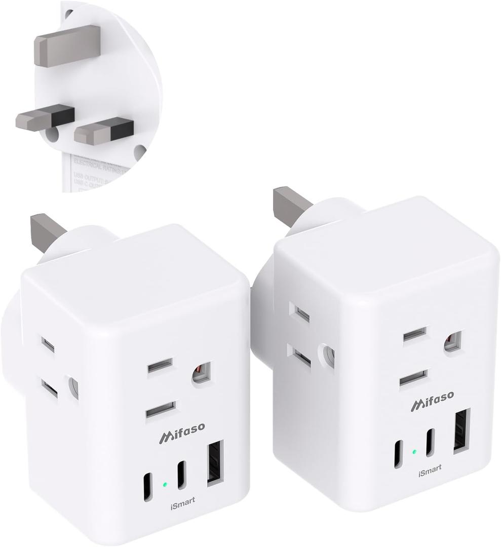 2 Pack US to UK Plug Adapter, Mifaso Type G Power Adapter with 3 Outlet 3 USB Charger, International Plug Adapter, USA to Dubai England Ireland British London Hong Kong Singapore Travel Essentials