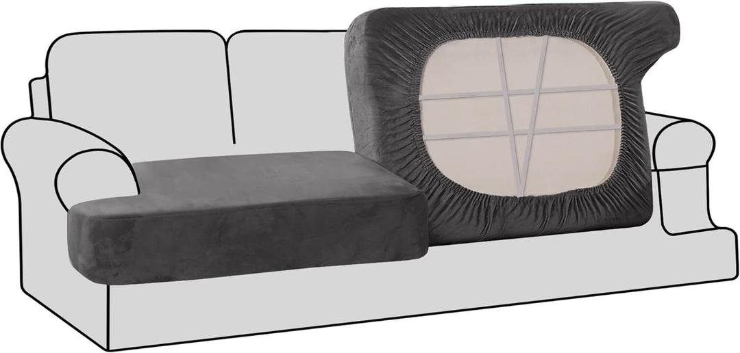 H.VERSAILTEX Stretch Velvet 2 Piece T Cushion Sofa Slipcovers - Individually Fitting Cushion Covers for 2 Cushion Couch - Stay in Place (Grey)