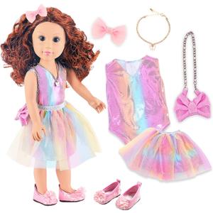 ZITA ELEMENT 18 Inch American Doll with Doll Clothes and Accessories Including 18 Inch Doll Rainbow Dress Bow Bag Shoes Hairpin Necklace for Kids
