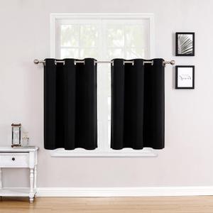 ChrisDowa Small Window Curtains for Kitchen and Bedroom - Grommet Short Thermal Insulated Room Darkening Curtains (2 Panels, Black, 34 x 36 Inch)