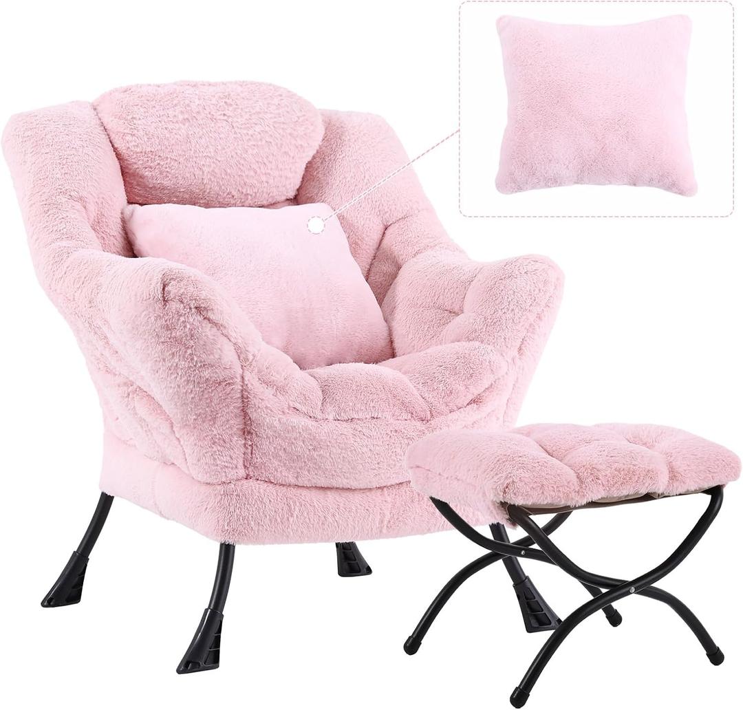 Lazy Chair with Ottoman, Comfy Reading Lounge Chair with Footstool & Throw Pillow Modern with Armrests & Side Pocket for Living Room, Bedroom, Dorm Room, Plush Pink Lazy Chair with Ottoman, Comfy Reading Lounge Chair with Footstool & Throw Pillow Modern with Armrests & Side Pocket for Living Room, Bedroom, Dorm Room, Plush Pink