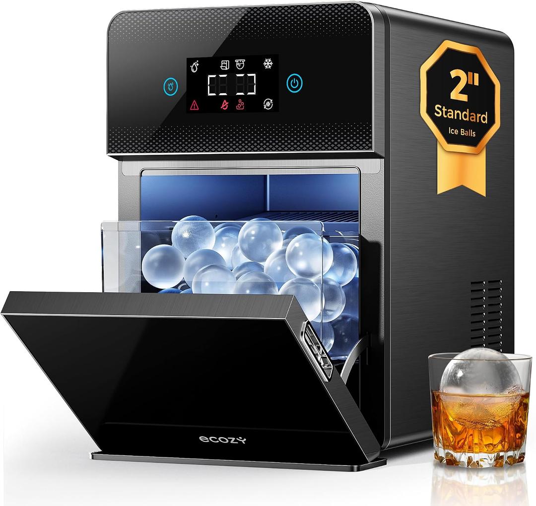 ecozy 2" Clear Ice Ball Maker Countertop with CrystalFlux Technology, 4 pcs in 40 Mins, 144 pcs/Day, Sphere Ice Maker with Automatic Water Supply, Self-Cleaning, Enhanced Insulation for Whiskey Bar
