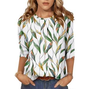 NORACORA Women's 3/4 Length Sleeve Crew Neck T-Shirt - Printed Casual Basic Tops (XL)