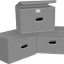 Linen Fabric Foldable Collapsible Storage Cube Bin Organizer Basket with Lid, Leather Handles, Removable Divider for Home, Closet (Grey, 3Pcs)