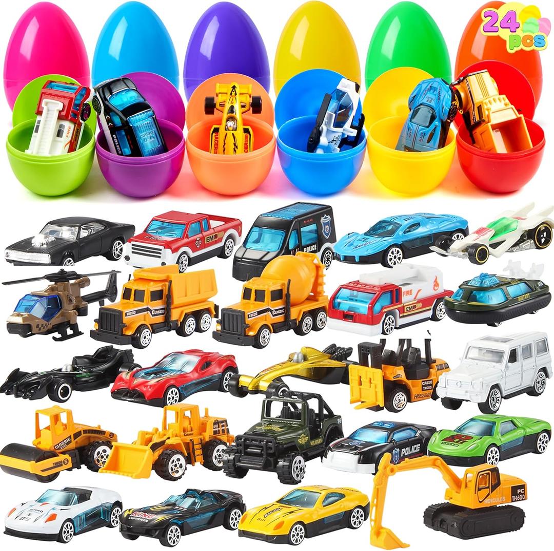 JOYIN 24 Pcs Prefilled Easter Eggs with Cars, Vehicle Toys for Boys Kids Easter Party Favor Eggs Hunt/Basket Stuffers Fillers and Classroom Prize Supplies