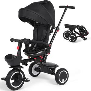 CITELER Baby Tricycle, 7-in-1 Folding Kids Trike with Adjustable Parent Handle, Safety Harness & Wheel Brakes, Removable Canopy, Storage, Stroller Bike Gift for Toddlers 12 Months - 5 Years, Black
