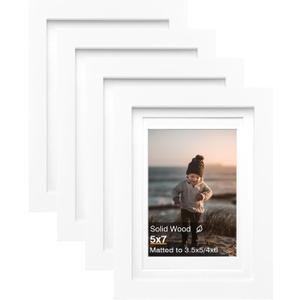 KINLINK 5x7 Picture Frame White, Solid Wood Frames with Acrylic Plexiglass for Pictures 4x6 With Mat or 5x7 Without Mat,Tabletop and Wall Display Photo Frame Set of 4