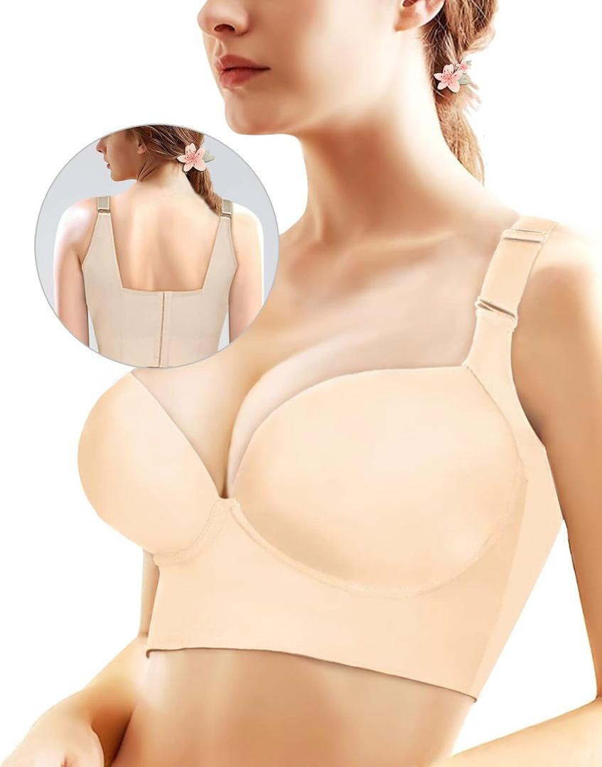 Women's Push Up Bra, Full-Coverage Underwire Bra,Hide Back Fat Deep Cup Bra, Smoothing T-Shirt Bra, Sculpting Uplift Bra ((38) DD, Nude)