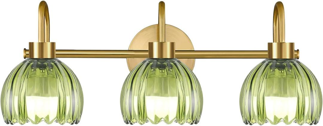 Bathroom Light Fixtures,3 Light Bathroom Vanity Light Over Mirror, Gold Wall Vanity Lights with Green Glass Shade for Bedroom Living Room Farmhouse (15-wall lamp)