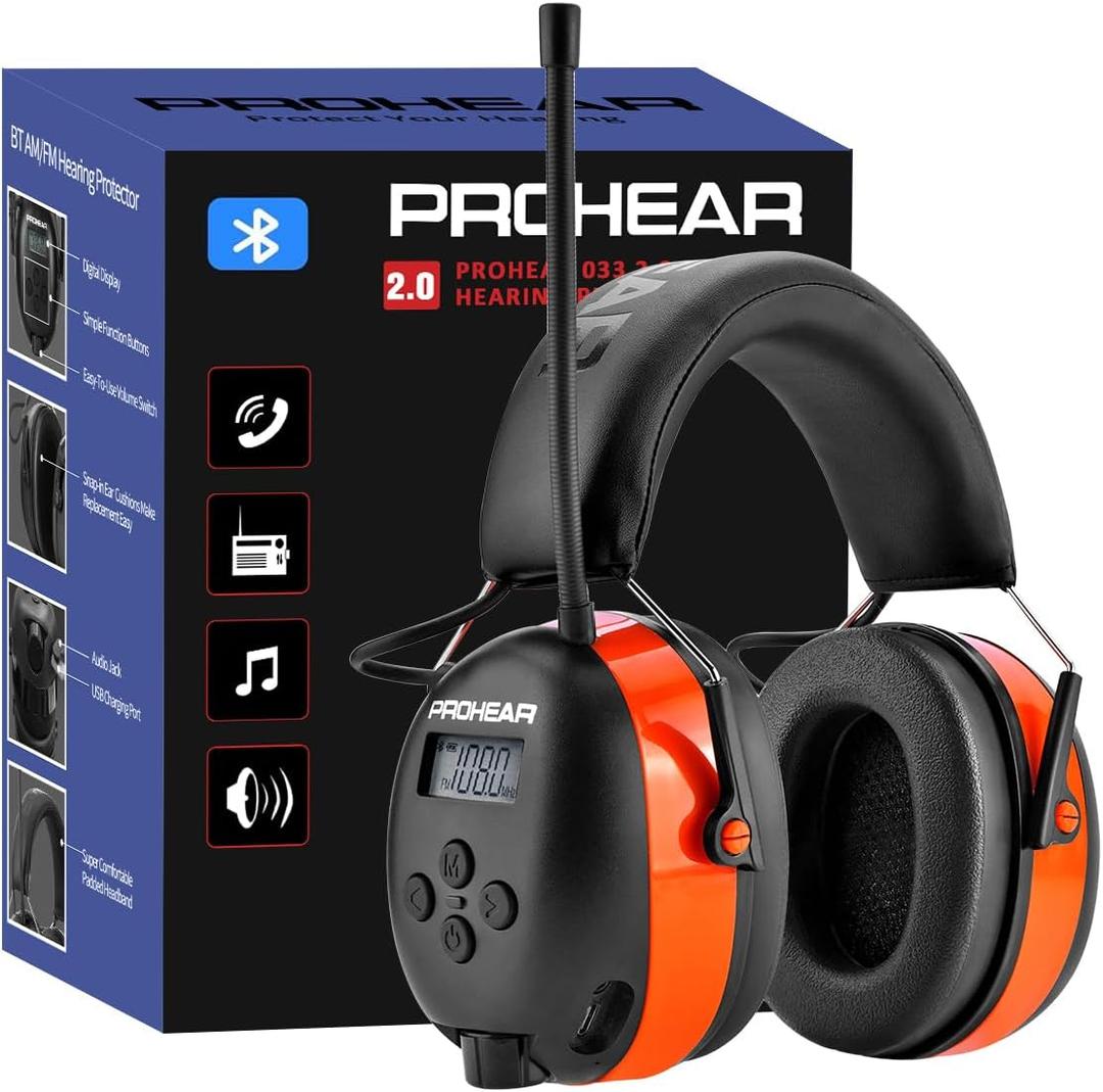 PROHEAR 033 2.0 Upgraded Bluetooth Hearing Protection AM FM Radio Headphones - 31SNR Noise Reduction Ear Muffs with Long-Lasting Stable Rechargeable Battery - 50 Hrs for Mowing Snowblowing - Orange