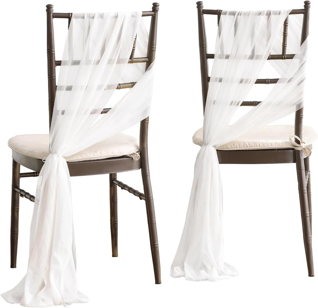 Ling's Moment Wedding Chiffon Chair Sashes Cover Aisle Decorations Draping Fabric Wrinkle-Free with Tie 16 Pcs White for Party Ceremony Reception Floral Arrangement Banquet Outdoor Decor, 96 inches x 8 inches