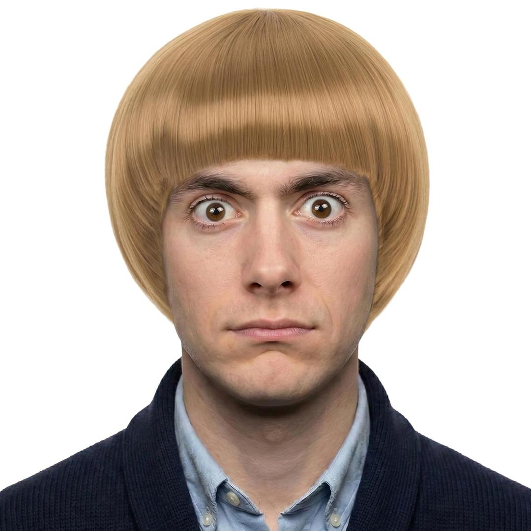 Yan Dream 60s 70s Retro Blonde Bowl Cut Wig for Men - Funny Mop Top Mushroom Hair with Blunt Bangs for Halloween Nerd Cosplay