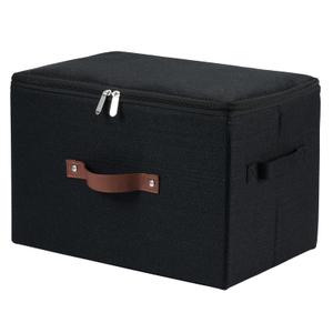HYVAKUPPA Storage Bins with Zipper Lid Foldable Fabric Lidded Storage Boxes Baskets Cubes Washable Collapsible PU Leather Handle Cotton Linen Fabric Shelf Closet Organizer Container(Black, Large Size)