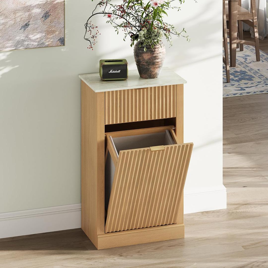 Tilt Out Trash Can Cabinet,10 Gallon Fluted Laundry Hamper Cabinet with Drawer,Freestanding Wooden Hidden Garbage Can Cabinets with Laundry Storage Basket for Kitchen,Bathroom and Living Room,Natural (Single)