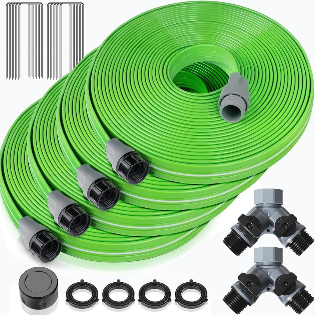 LAVEVE Heavy Duty Sprinkler Soaker Hose 100 FT, Flat Garden Hose with Holes, Efficient Flexible Irrigation Hose for Yard, Lawn and Garden, Includes Stakes (25FT x 4Pack)
