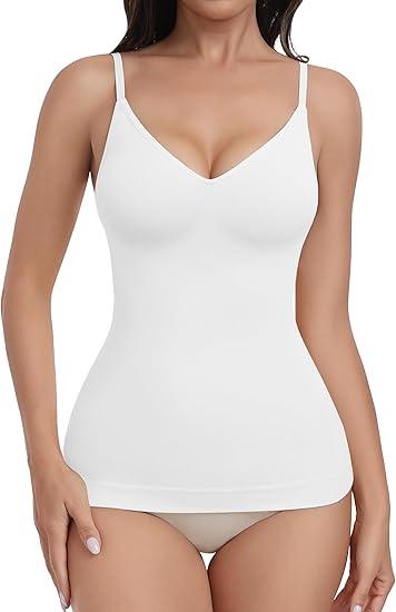 EUYZOU Womens 1 pK Tummy Control Shapewear Tank Tops Seamless V-Neck Compression Tank Tops Body Shaper Camisole, White Medium