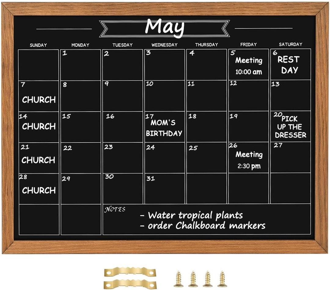 Calendar Chalkboard, 13" * 17", Magnetic Surface Rustic Brown Solid Pine Wood Frame Chalk Board for Planning/School Timetable/Memo, Hanging Board for Office, School and Home(YLHB-QZ-3343)