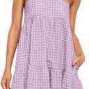 Womens Plaid A-line Dresses Shoulder Straps Ruffle Hem Casual Mini Dress with Side Pocket (Purple, Medium)